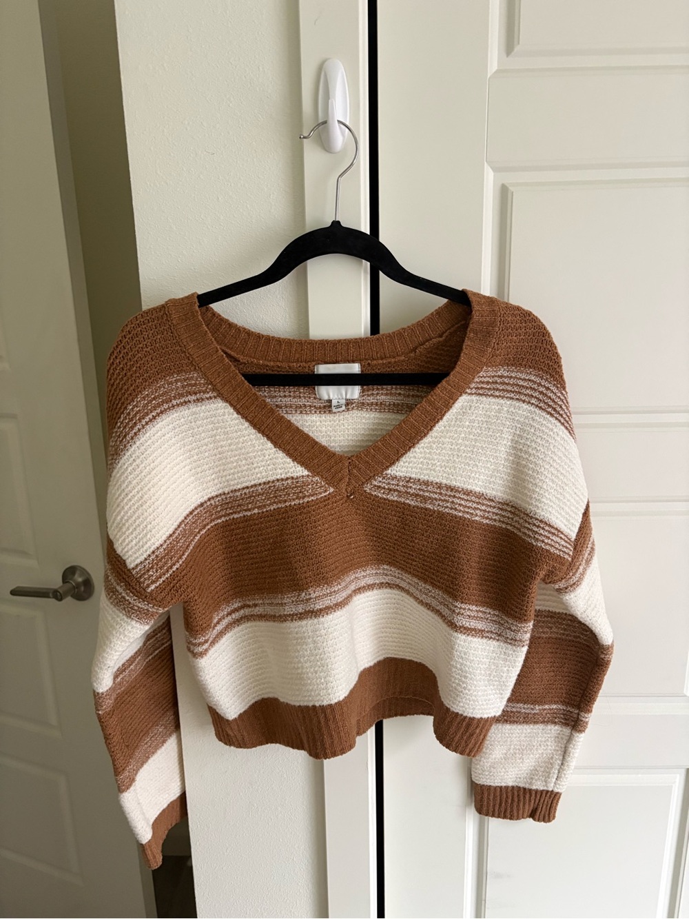 Pink Rose Brown and White Striped V-Neck Sweater